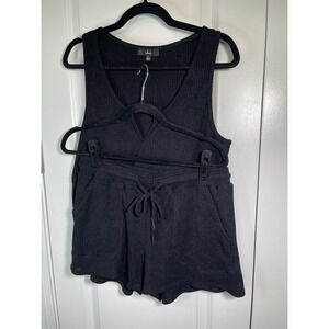 Lulus So Natural Black Ribbed Knit Drawstring Lounge Set Size Large